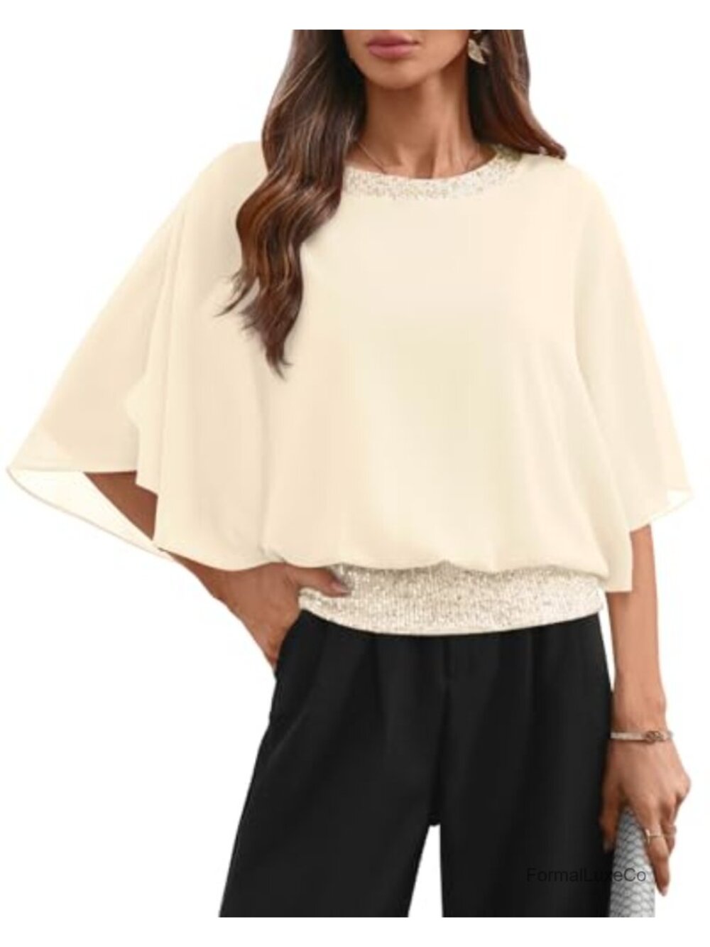 Women's Sequin Formal Wedding Top Batwing Sleeve Chiffon Party Blouse